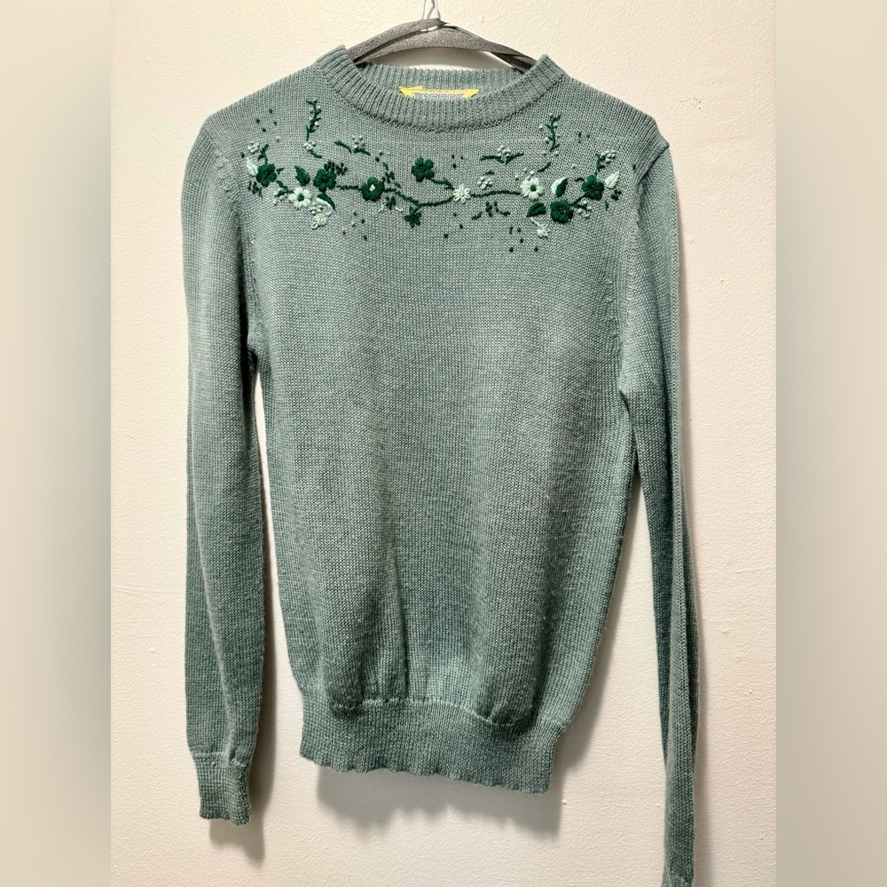 Vintage REBS green mohair sweater with embroidered floral details.